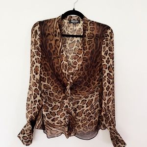 Vintage Silk Georges Rech Leopard Print Sheer Blouse Small